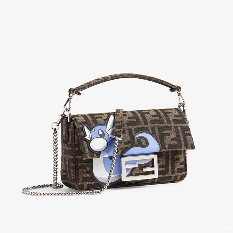 Vintage HOT FF Baguette Motif Fabric Blue Fendi In Pokmon Dragon Mini Bag Brown 0811